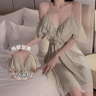 性感睡衣女夏款 聚攏帶胸墊蕾絲吊帶睡裙純欲風晨袍家居服 冰絲薄款