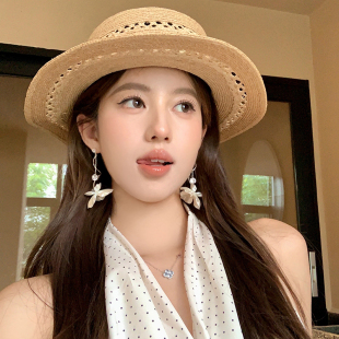 花朵長款 法式 原生冷茶 耳環(huán)女夏海邊高級(jí)感度假風(fēng)耳飾 蜜桃茶