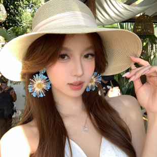 海邊假日 夸張海邊拍照絕美耳飾 度假風(fēng)藍(lán)色太陽花朵耳環(huán)2025新款