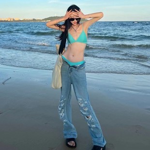 日韓辣妹時尚 純欲風分體比基尼性感吊帶小胸聚攏度假泳衣女