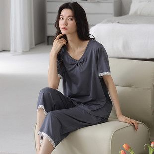 自帶胸墊一體睡衣夏季 冰絲家居服套裝 女款 七分褲 莫代爾棉短袖 新品