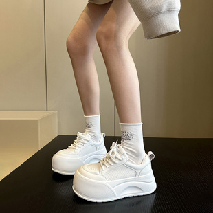 女小白鞋 wsws歐貨春夏真皮輕便軟底網布薄款 透氣增高厚底面包板鞋