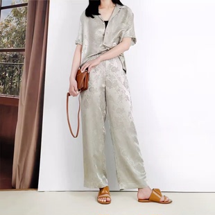 6397純元 女 新中式 套裝 原759 重磅真絲提花重工翻領(lǐng)襯衣長褲 促