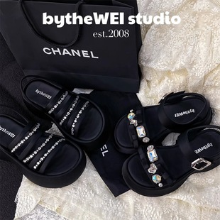 女鞋 bytheWEI 厚底一字帶涼鞋 超越同款 萊卡羅馬風水鉆 海洋星鉆