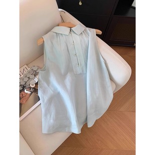 女夏季 襯衫 寬松顯瘦背心 清倉(cāng)淺藍(lán)色翻領(lǐng)棉麻無(wú)袖 奧特萊斯專(zhuān)柜正品