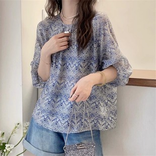 歐貨女裝 奧萊女裝 歐洲站夏裝 襯衫 設(shè)計(jì)感洋氣上衣 清倉(cāng)復(fù)古碎花中袖
