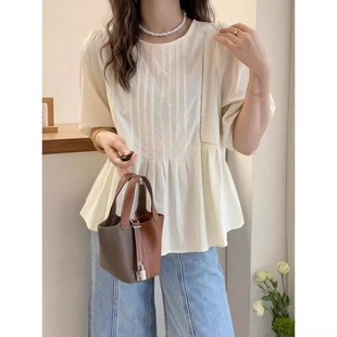 女夏裝 褶皺A字襯衫 2025新款 歐貨時尚 奧萊女裝 洋氣小衫 清倉泡泡袖