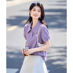 大翻領短袖 新款 T恤女 清倉創意繡花上衣2025夏季 奧特萊斯專柜正品
