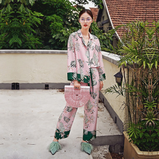 褲 長(zhǎng)袖 家居服 女甜美大牌西裝 高級(jí)感舒適原創(chuàng)冰絲綢緞睡衣套裝