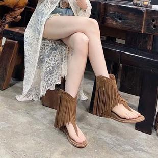 露趾側拉鏈內增高羅馬涼靴女 夏季 現貨秒發 人字夾腳鉚釘流蘇新款