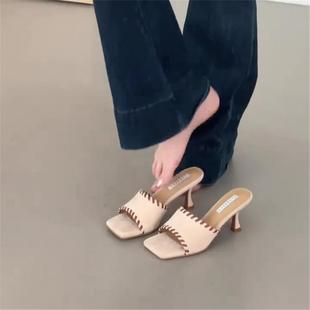 串線拼色涼拖鞋 羊皮版 女方頭一字帶細跟高跟鞋 氣質(zhì)露趾涼鞋 法式