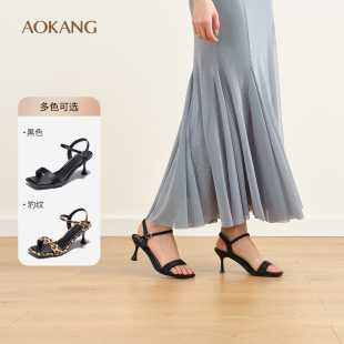 女鞋 一字帶細(xì)高跟涼鞋 2025夏季 時(shí)裝 氣質(zhì)豹紋方頭涼拖 涼鞋 奧康