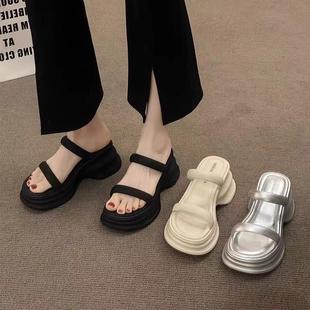 外穿增高涼鞋 拖鞋 黑色輕便厚底粗跟一字帶時(shí)尚 新款 女 女2025年夏季