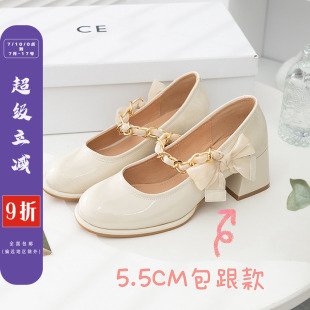 春秋2025新款 柒步森林法式 子女中高跟鞋 蝴蝶結包頭單涼鞋 瑪麗珍鞋