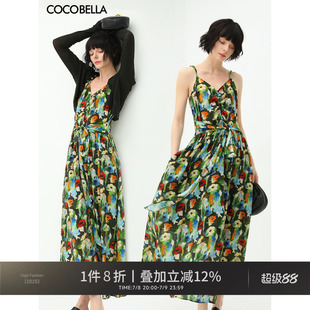 COCOBELLA油畫風印花抽褶大擺吊帶連衣裙飄逸沙灘長裙NFR10