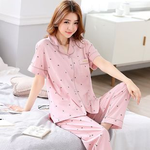 長(zhǎng)褲 大碼 套裝 半袖 家居服 薄款 100%純棉睡衣女夏短袖