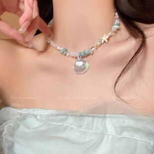 廣州搜海邊度假貝殼吊墜項(xiàng)鏈女甜美氣質(zhì)彩色串珠多巴胺鎖骨鏈網(wǎng)