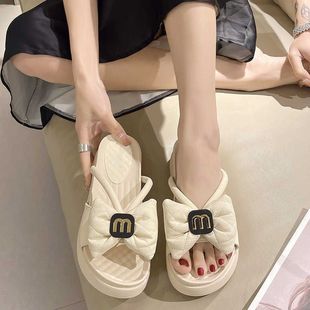 輕便防滑松糕蝴蝶結(jié)沙灘鞋 女2024夏天外出涼拖鞋 厚底仙女拖鞋 時尚