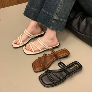 一字帶仙女風沙灘涼拖鞋 平底女夏外穿2025新款 ins潮 小涼拖鞋 法式