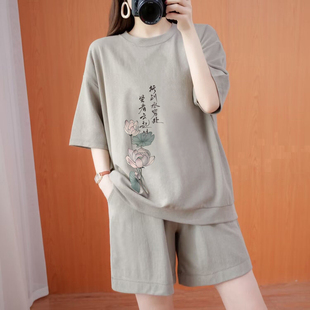 女洋氣減齡上衣夏季 短袖 兩件套 套裝 外貿出口清倉100%純棉休閑時尚