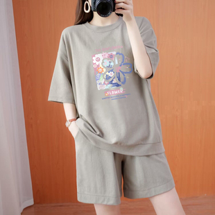 兩件套潮 女夏寬松運動時尚 品牌清倉外貿出口100%純棉短袖 休閑套裝