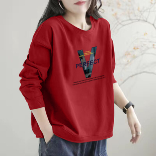 外貿清倉撿漏純棉圓領長袖 衛衣女秋寬松顯瘦體恤印花打底休閑上衣