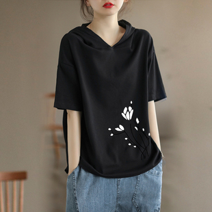 寬松洋氣減齡上衣服 t恤女夏裝 100%純棉虧本清倉外貿時尚 連帽短袖