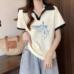 外貿清倉品牌出口100%純棉翻領短袖 上衣 氣質t恤女2025拼接polo衫