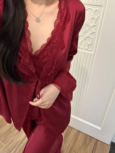 睡衣女2025吊帶長褲 性感蕾絲花邊開衫 家居服三件套 胖MM韓式 特大碼