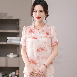 寬松上衣春季 2025新款 中老年女套裝 新款 襯衫 雪紡小衫 夏裝 媽媽短袖