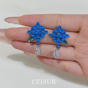 S925純銀蘭花滴油水滴耳釘2025新款 海邊度假氛圍耳環小眾百搭耳飾