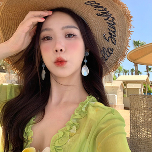S925純銀水滴貝殼流蘇耳環女小眾設計度假風耳釘夸張高級感耳飾夏