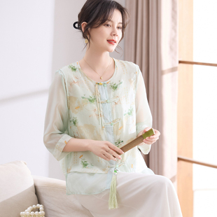 洋氣短袖 雪紡襯衫 T恤上衣服媽媽裝 七分袖 夏季 喜卉國風中老年女裝