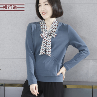 春季 雪紡衫 飄帶領拼接寬松胖MM中年媽媽長袖 大碼 T恤女裝 2025新款