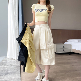 七分褲 五分工裝 休閑寬松過膝美式 女2025夏外穿水洗棉六分中褲 短褲