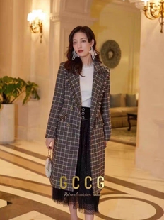 知恩GCCG正品 毛呢大衣輕奢成熟秋冬2010 復古風粗花呢格子外套長款