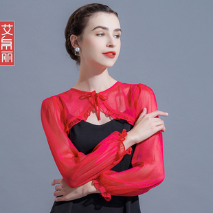 配吊帶裙子外搭罩衫 小披肩夏季 紅色短外套雪紡上衣 女薄款 防曬開衫