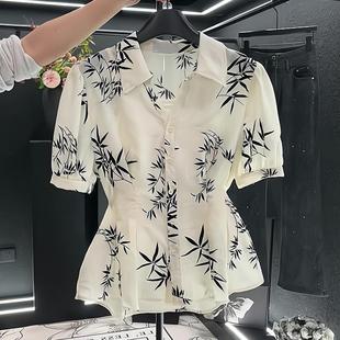 收腰襯衫 清倉撿漏 國風竹葉水墨印花短袖 中式 買手店專柜外貿女裝