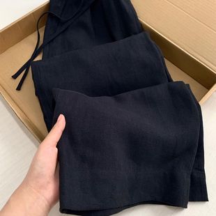 清倉撿漏 買手店專柜外貿(mào)韓系穿搭松弛感黑色亞麻高腰休閑梧桐褲