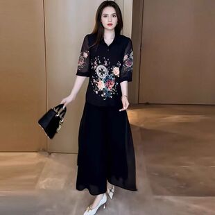 套裝 闊腿褲 女夏季 洋氣顯瘦寬松遮肚子襯衫 裙兩件套 新款 媽媽雪紡衫
