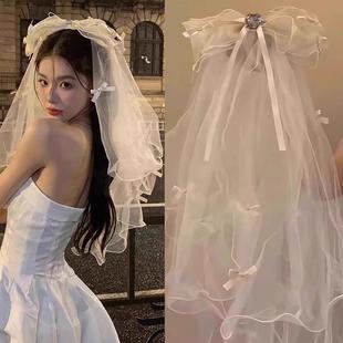 頭紗領(lǐng)證登記新娘主婚紗結(jié)婚小頭飾超仙森系蝴蝶結(jié)蓬蓬紗拍照道具