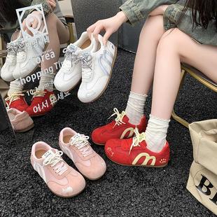 網面透氣舒適輕便休閑運動阿甘鞋 紅色復古平底德訓鞋 女2025年新款