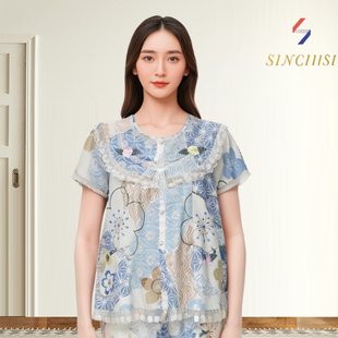長褲 欣琦絲100%純棉女士甜美圓領印花對襟秋親膚套裝 家居服短袖