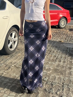 顯瘦斜格紋網紗彈力半身長裙女 復古甜辣格子修身 2025年新款 美式