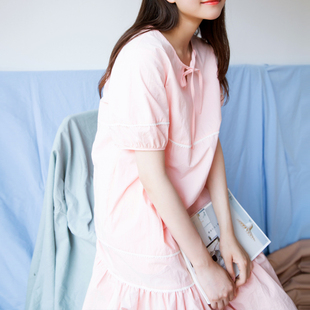 SUIN2024春夏新文藝清新甜美軟妹粉色花邊短袖 大擺連衣裙女 中長(zhǎng)款