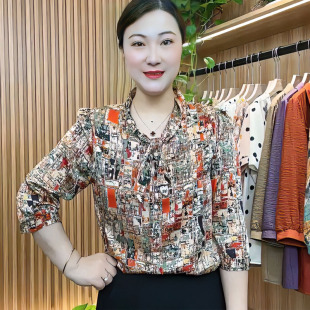 薄款 寬松飄帶大碼 小衫 氣質媽媽裝 上衣 中年女裝 減齡印花八分袖 夏季