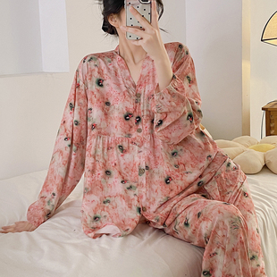 長褲 棉綢睡衣女長袖 薄款 夏天涼快月子服綿綢套裝 新款 大碼 春秋夏季