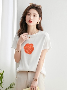寬松顯瘦洋氣桑蠶絲小衫 新款 氣質印花上衣背心 真絲t恤女夏季 短袖