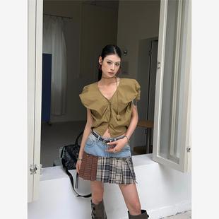 新款 抽褶系帶無袖 V字領開衫 T恤修身 甜辣風上衣55190 女式 2025夏季