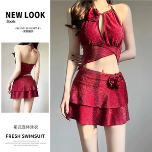 ins純欲風(fēng)少女度假沙灘高級感成人泳裝 泳衣裙式 分體保守顯瘦韓版